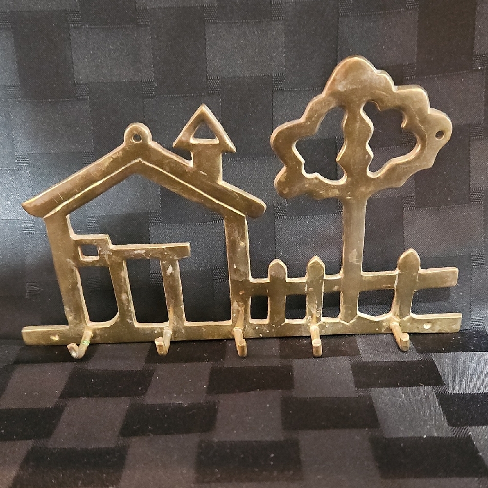 Vintage Solid Brass House & Tree Wall Key Holder Rack, 5 Hooks